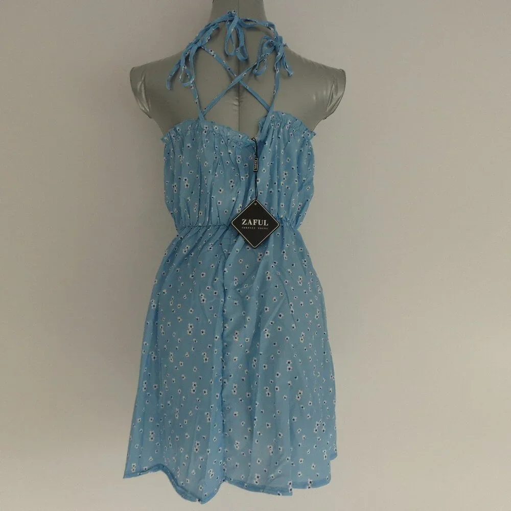 New! ZAFUL Forever Young - Floral Print‎ Tie Mini Sundress - Light Blue - Size 6